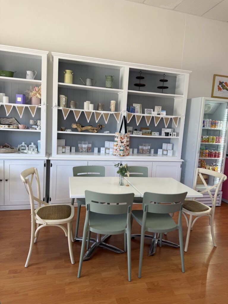 Retail shelves inside the café